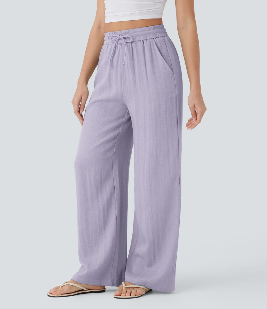High Waisted Drawstring Pocket Wide Leg Baggy Casual Linen-Feel Pants - Wanderlust - Lilac