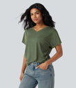 V-neck Short Sleeve Ruched Relaxed Casual Top - Light Green Floral Yarn
