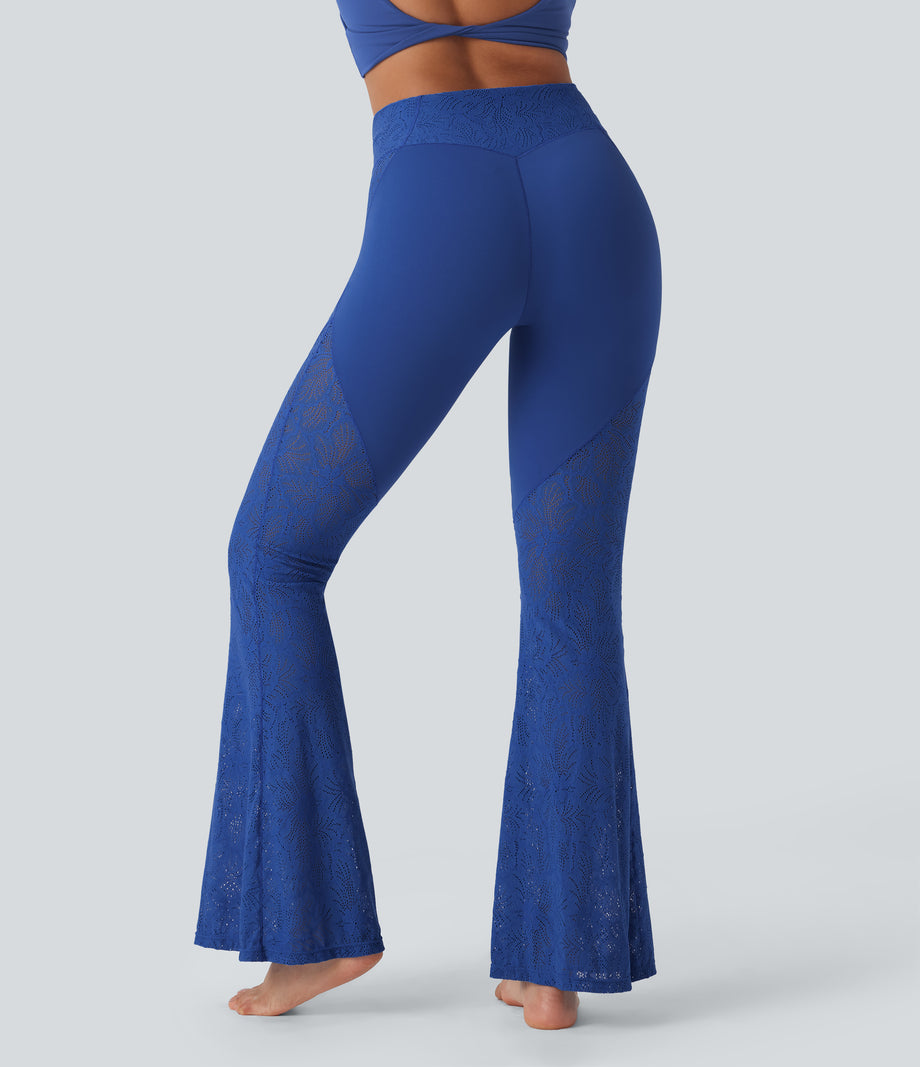 SoftlyZero™ High Waisted Crossover Pocket Contrast Lace Flare Yoga Leggings - Beaucoup Blue