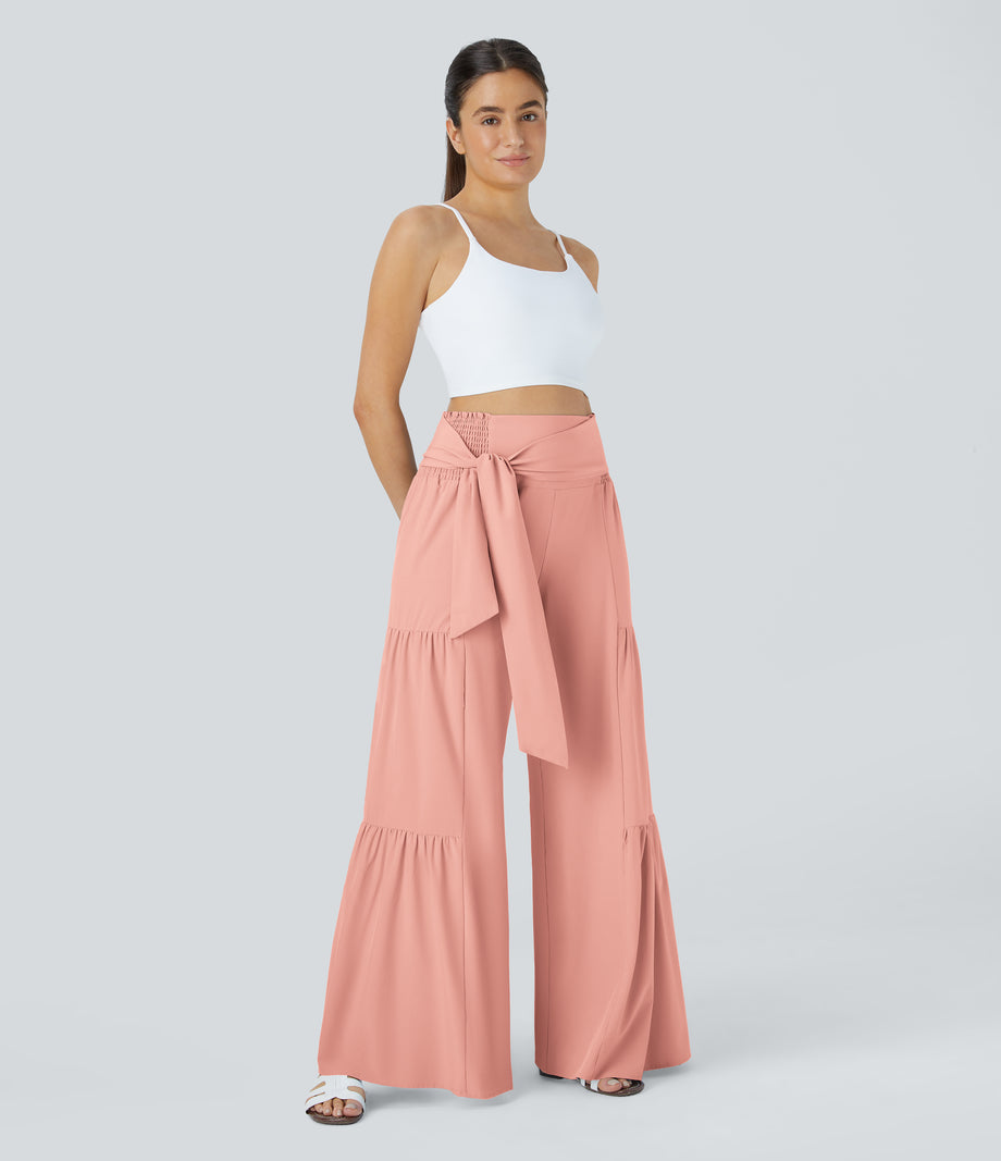 Breezeful™ High Waisted Shirred Tie Front & Back Wide Leg Flowy Quick Dry Casual Pants - Peach Melba