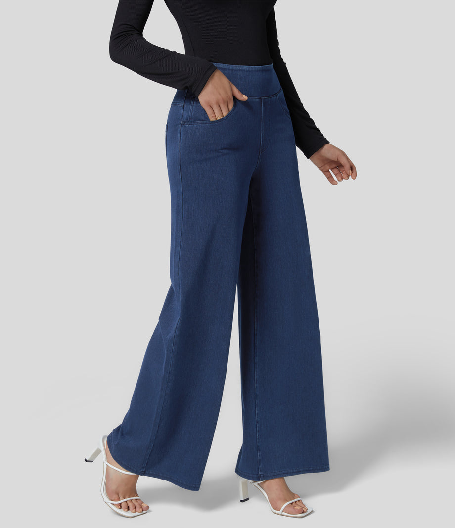 Halara Flex™ High Waisted Pockets Wide Leg Loose Work Jeans - Washed Denim Navy Blue