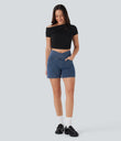 Halara Flex™ Crossover High Waisted Pockets Wide Leg A Line Washed Denim Casual Shorts - Tide Blue Denim