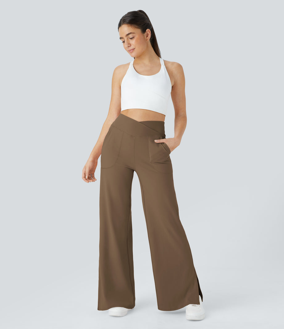 DayStretch Crossover Pocket Hem Wide Leg Yoga Pants-Smile - Sepia