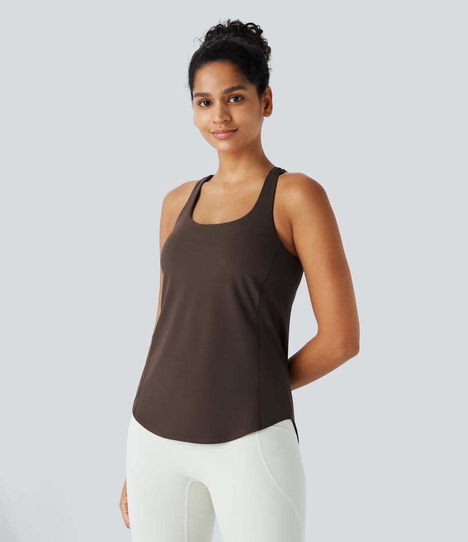 Halara UltraSculpt™ Round Neck Curved Hem Workout Tank Top - Hot Fudge