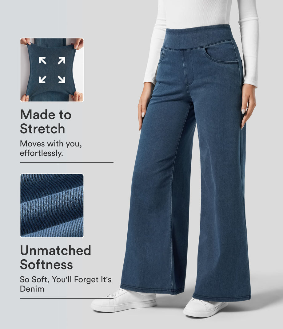 Halara Flex™ High Waisted Pockets Wide Leg Loose Work Jeans - Washed Denim Bleached Blue
