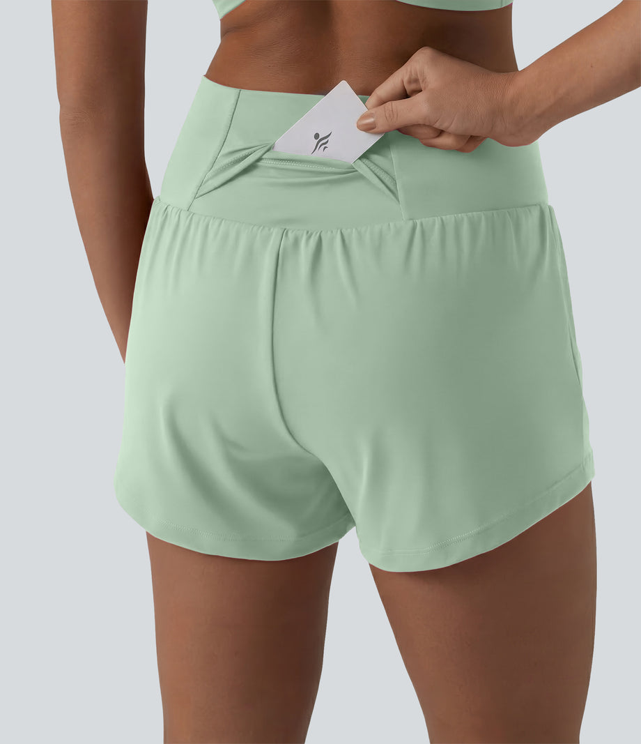 SoftlyZero™ Airy Crossover High Waisted 2-in-1 Cool Touch Yoga Shorts 3'' with Pockets - Light Bean Green