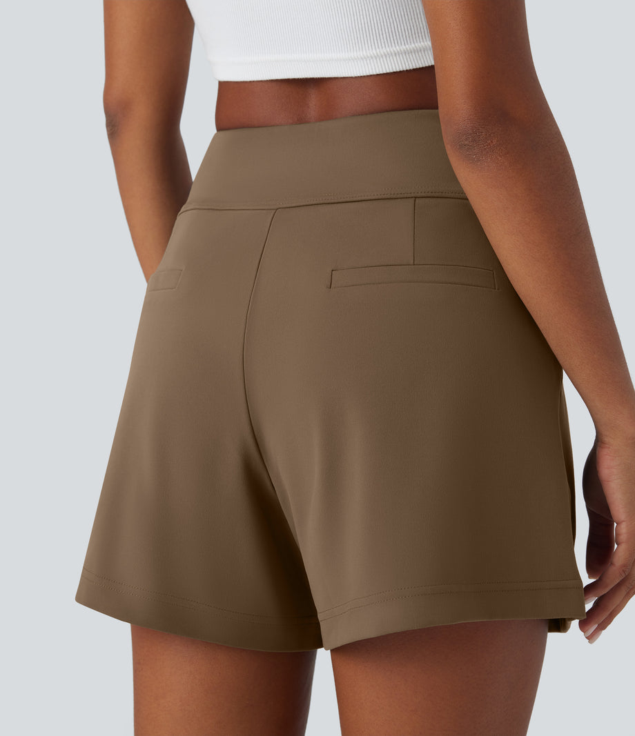 DayStretch High Waisted Work Baggy Shorts 4'' with Pockets - Sepia