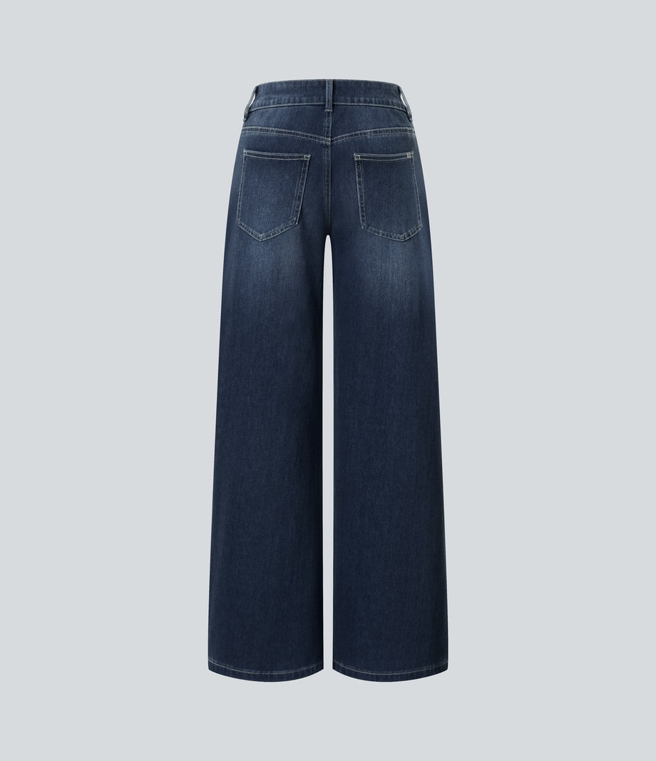 Halara Flex™ Low Rise Zipper Pockets Washed Baggy Wide Leg Casual Jeans - Distressed Denim Dark Blue