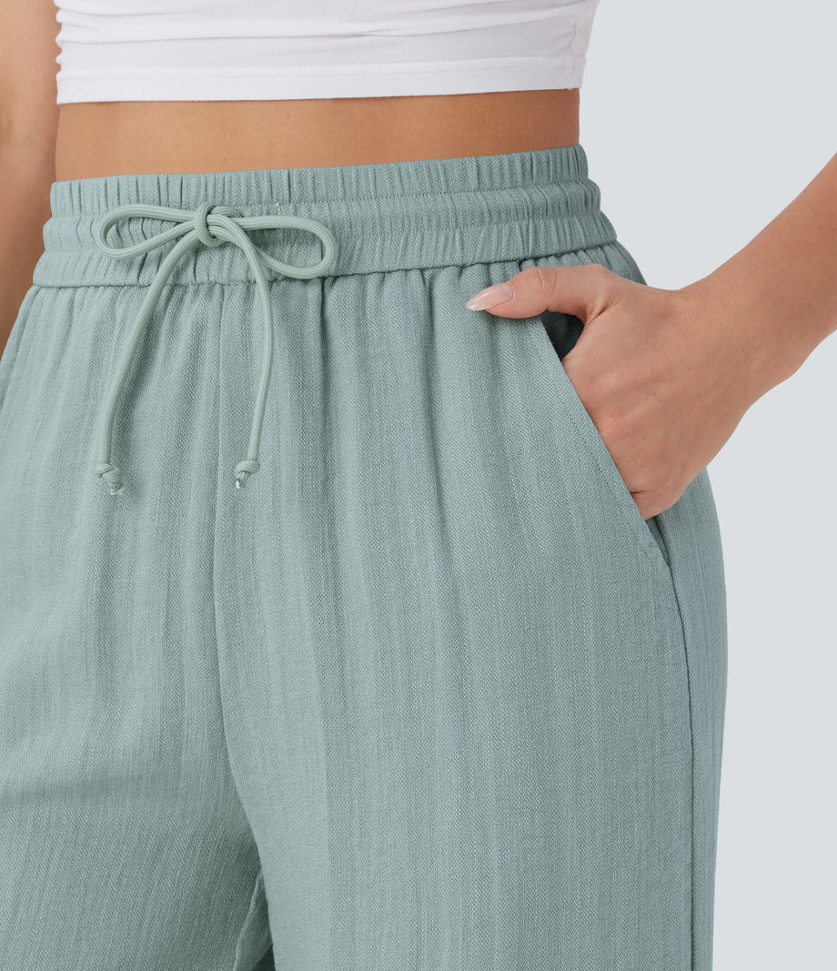 High Waisted Drawstring Pocket Wide Leg Baggy Casual Linen-Feel Pants - Ether
