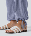 Crossover High Waisted Pocket Drawstring Casual Joggers - Light Blue Floral Yarn