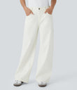 Halara Flex™ Low Rise Zipper Pockets Washed Baggy Wide Leg Casual Jeans - Beige Denim