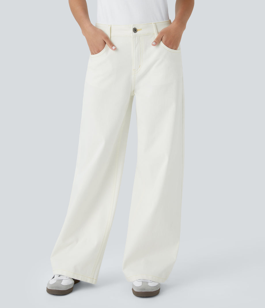 Halara Flex™ Low Rise Zipper Pockets Washed Baggy Wide Leg Casual Jeans - Beige Denim