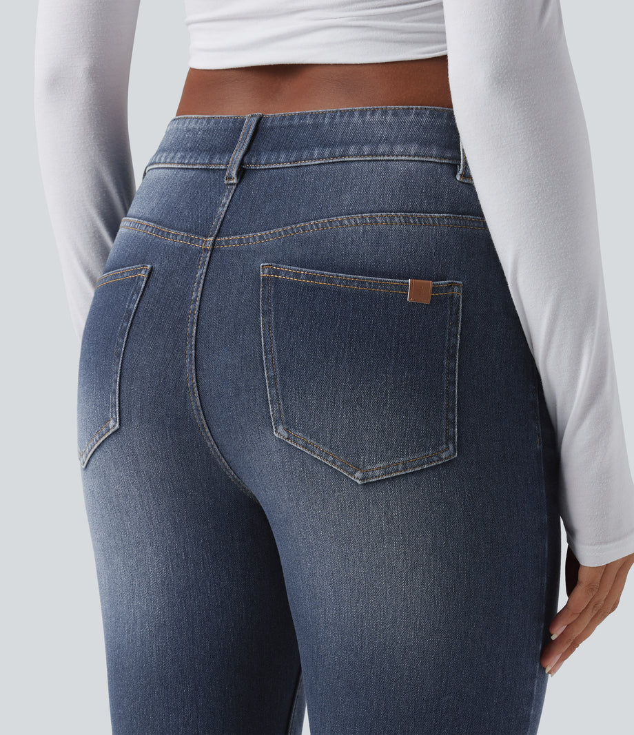 Halara Flex™ Low Rise Zipper Pockets Washed Casual Bootcut Jeans - Paint Blue Denim