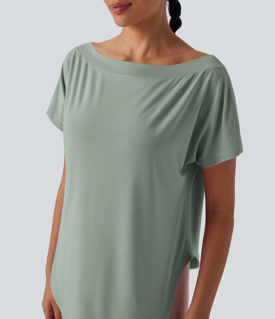 One Shoulder Short Sleeve Curved Hem High Low Quick Dry Yoga Sports Top - Iceberg Green