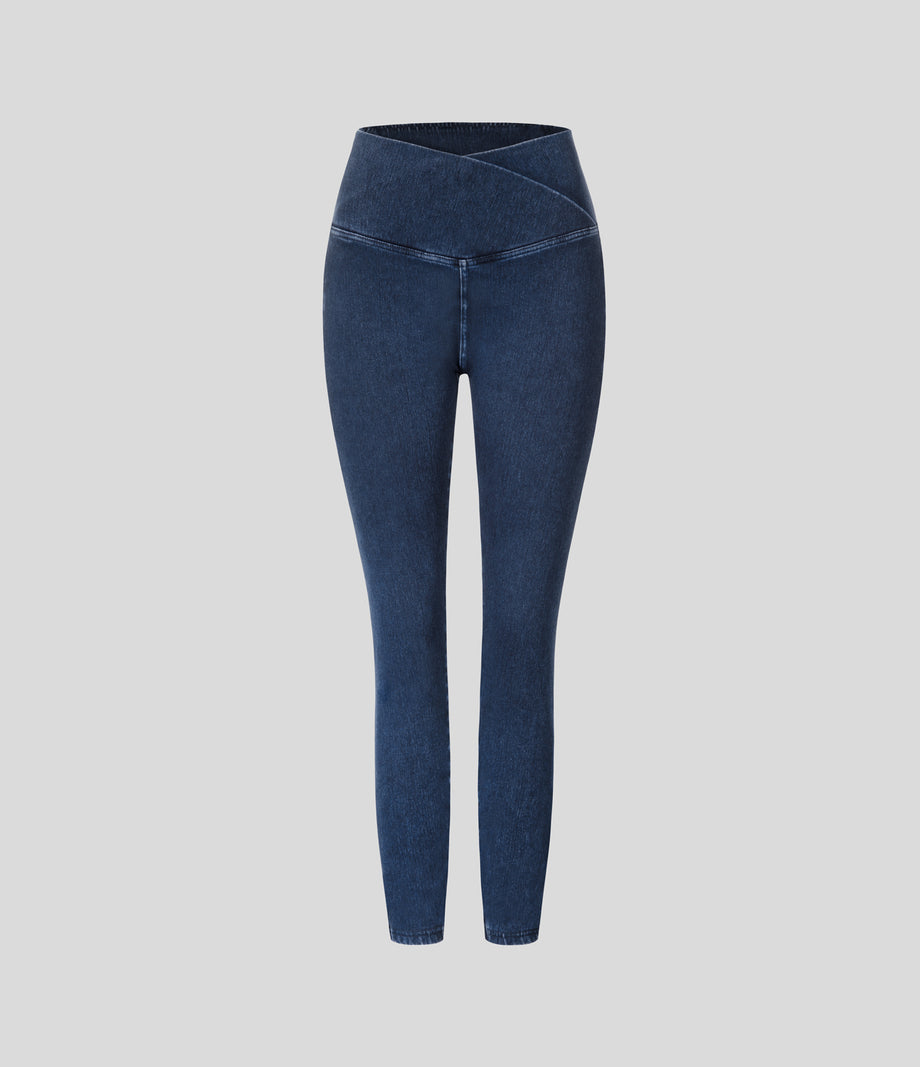 Halara Flex™ Crossover Pocket Washed Denim Work Leggings - Unitary Blue Denim