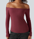 Ribbed Knit Off Shoulder Long Sleeve 2-in-1 Casual Top - Ruby Wine