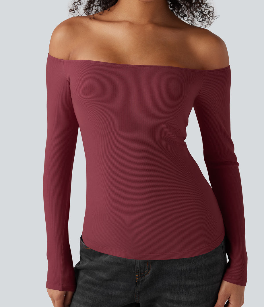 Ribbed Knit Off Shoulder Long Sleeve 2-in-1 Casual Top - Ruby Wine
