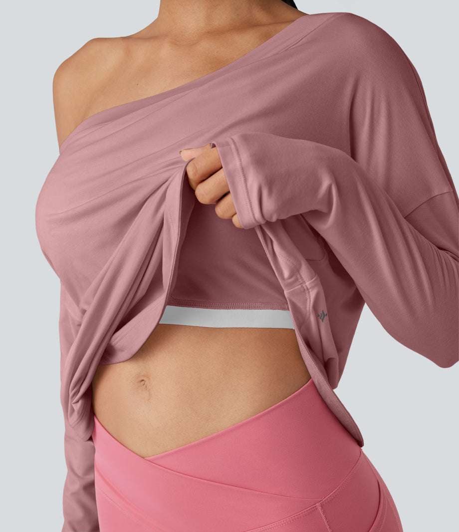 One Shoulder Long Sleeve Thumb Hole Curved Hem High Low Quick Dry Yoga Sports Top-Built-in Bra - Soft Berry