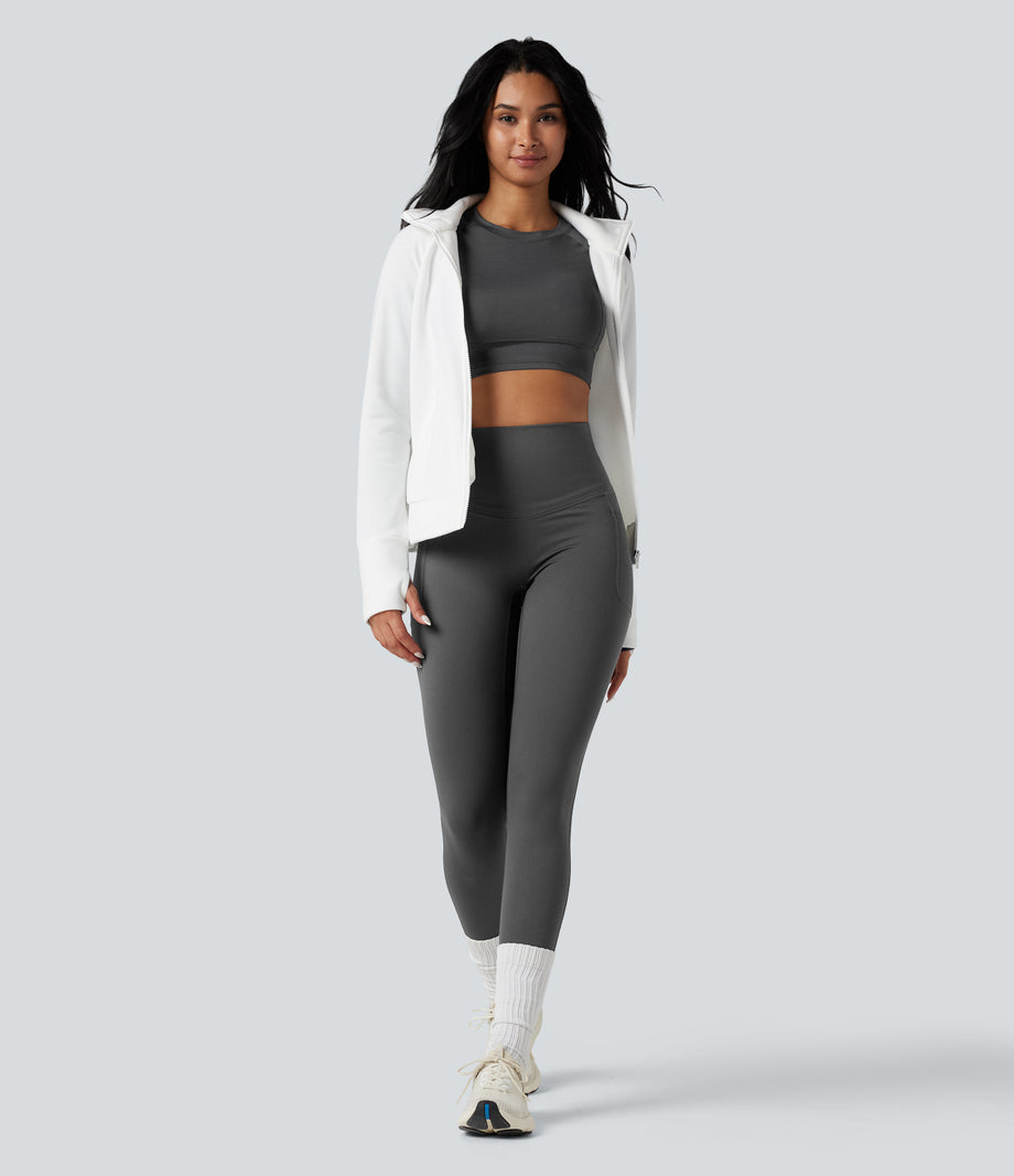 Halara Ultrasculpt™ Heat High Waisted Tummy Control Crossover Back Fleece Running Leggings with Pockets - Black Oyster