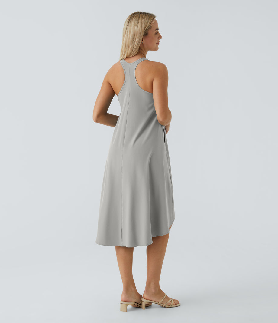Breezeful™ Backless Racerback Side Pocket High Low Flowy Midi Quick Dry Casual Dress - Dust Gray