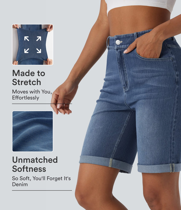 Celeste L'Amour Flex™ High Waisted Pockets Rolled Hem Washed Denim Casual Bermuda Shorts