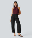 Keyhole Back Halter Sleeveless Curved Hem Work Blouse - Sangria