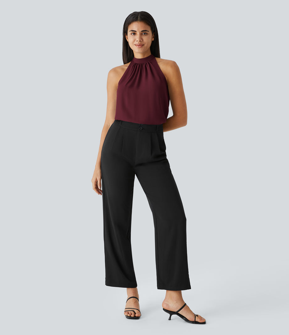 Keyhole Back Halter Sleeveless Curved Hem Work Blouse - Sangria