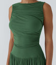 Ribbed Boat Neck Asymmetric Strap Ruched Pocket Flowy Maxi Casual Dress - Dark Verdant Green