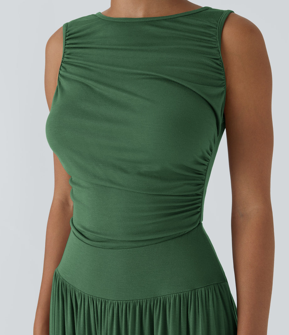 Ribbed Boat Neck Asymmetric Strap Ruched Pocket Flowy Maxi Casual Dress - Dark Verdant Green