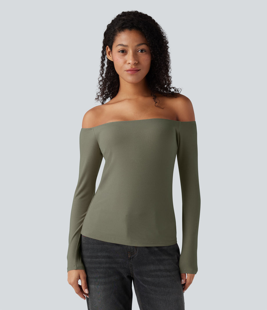 Ribbed Knit Off Shoulder Long Sleeve 2-in-1 Casual Top - Dusty Olive