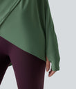 Hooded Cowl Neck Long Sleeve Thumb Hole Yoga Sports Top with Pockets - Dark Ivy