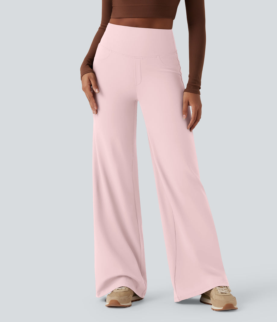 DayStretch High Waisted Tummy Control Wide Leg Baggy Yoga Pants with Pockets - Primrose Pink