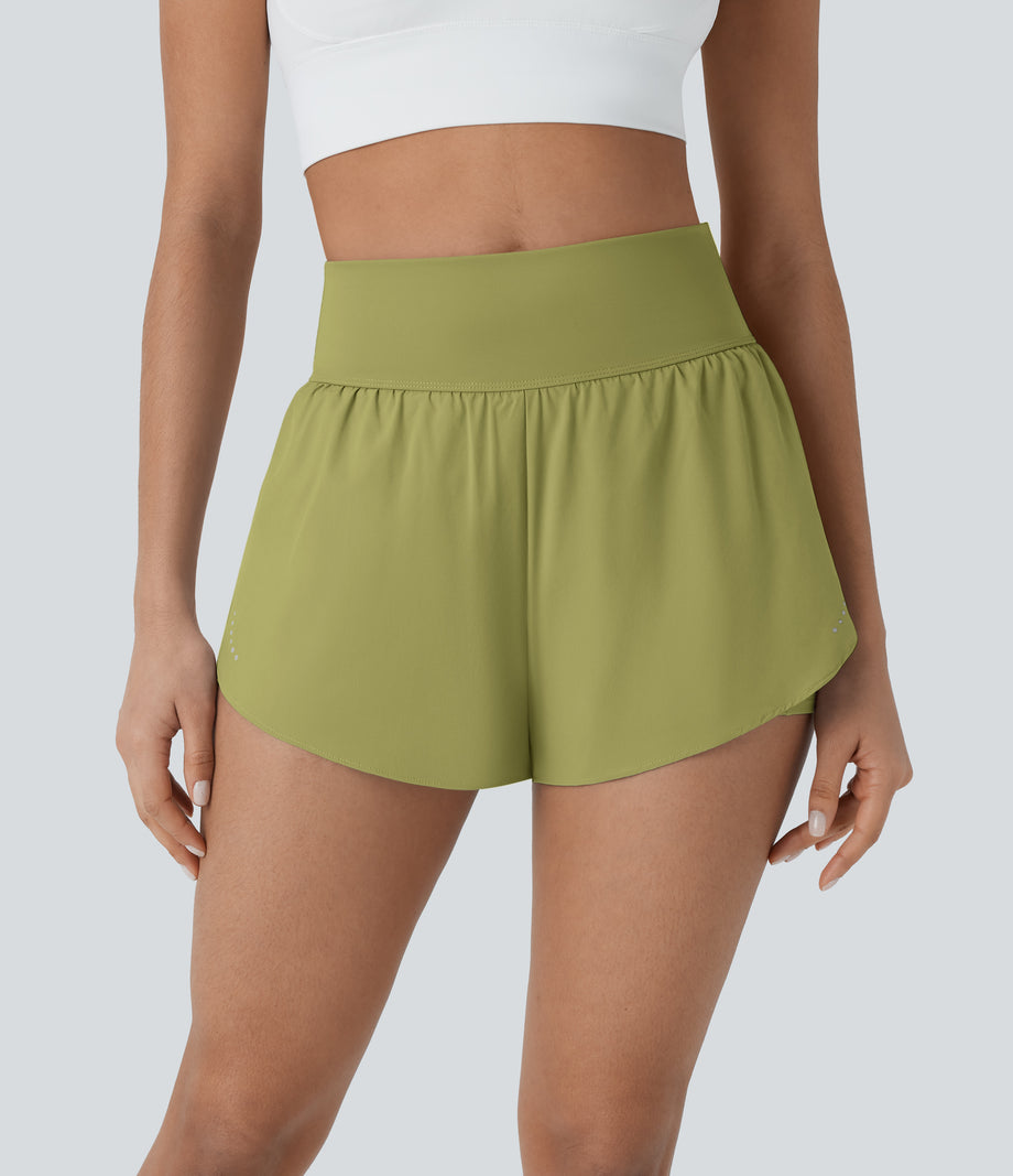 SoftlyZero™ QuickDry High Waisted Tummy Control Reflective Dots Crossover Hem 2-in-1 Running Shorts 3'' with Pockets - Moss
