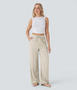 High Waisted Drawstring Pocket Wide Leg Baggy Casual Linen-Feel Pants - Whisper White