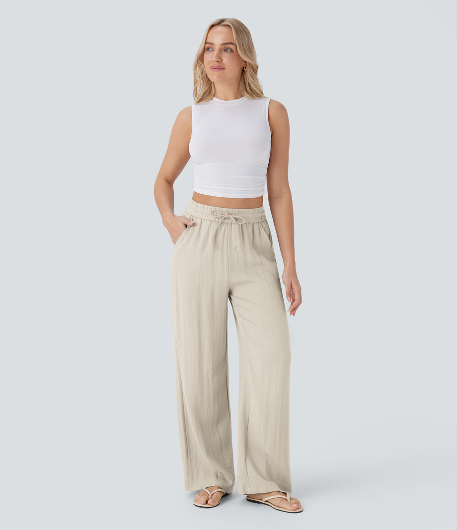 High Waisted Drawstring Pocket Wide Leg Baggy Casual Linen-Feel Pants - Whisper White