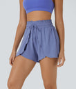 Frill High Waisted Elastic Waistband Drawstring Flowy Stacked Casual Shorts 3" - Bleached Denim