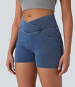 Halara Flex™ High Waisted Crossover Pocket Denim Casual Shorts 3" - Washed Denim Bleached Blue
