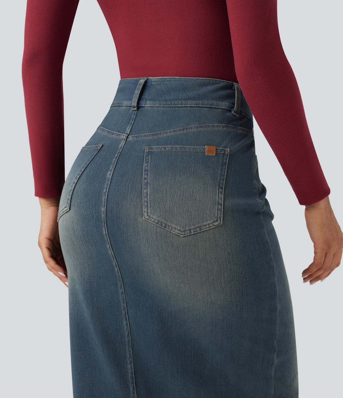 Halara Flex™ High Waisted Pockets Bodycon Washed Denim Casual Midi Skirt - Cement Blue Denim