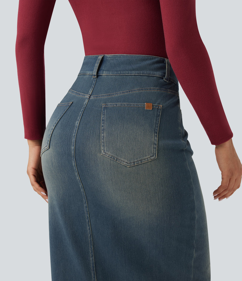 Halara Flex™ High Waisted Pockets Bodycon Washed Denim Casual Midi Skirt - Cement Blue Denim