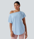 One Shoulder Short Sleeve Curved Hem High Low Quick Dry Yoga Sports Top - Angel Falls