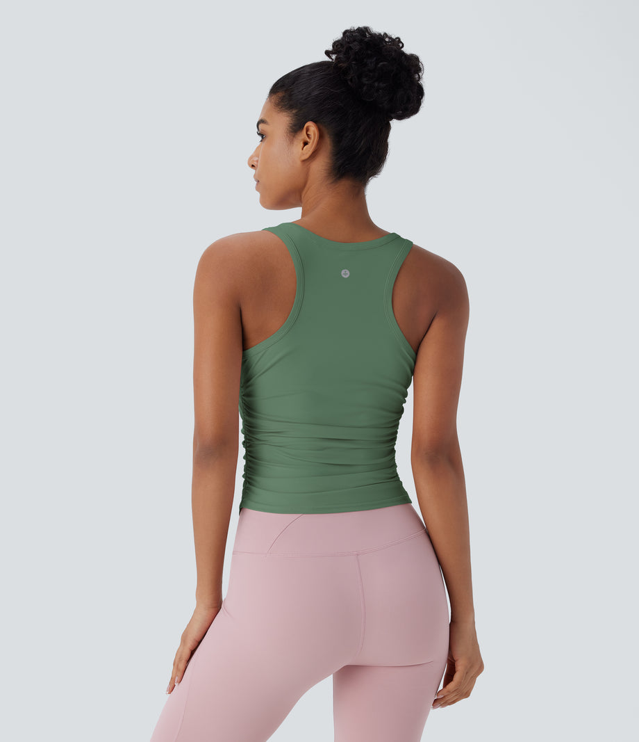 Round Neck Racerback Ruched Yoga Tank Top - Too Hot to Handle - Jade