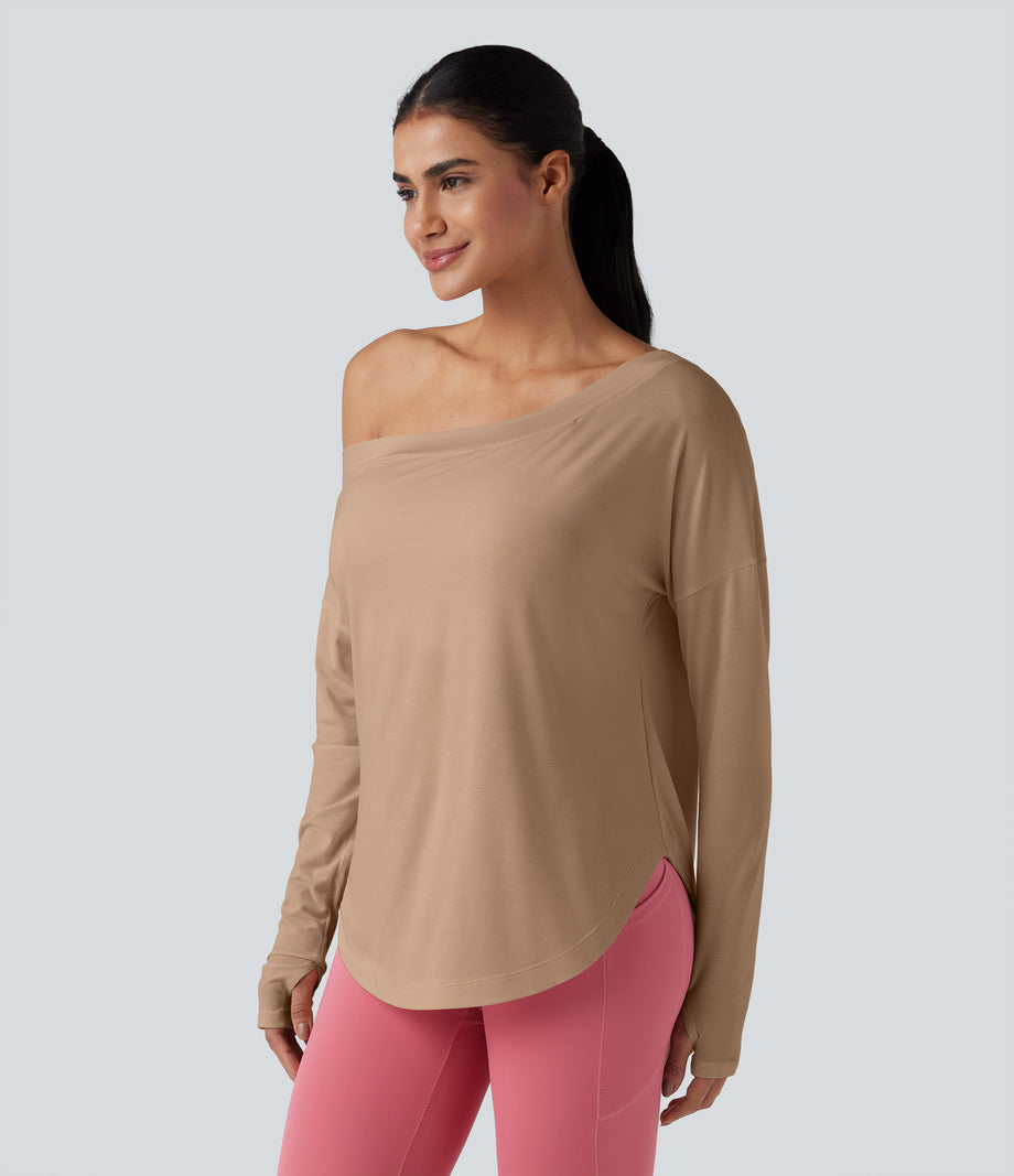 One Shoulder Long Sleeve Thumb Hole Curved Hem High Low Quick Dry Yoga Sports Top-Built-in Bra - Praline