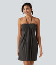 Halter Tie Back Mini Resort Dress with Pockets - Coffee Bean