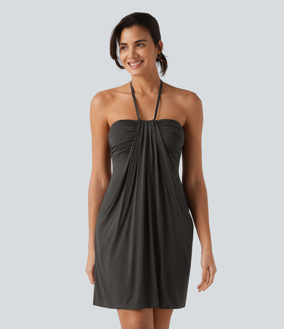 Halter Tie Back Mini Resort Dress with Pockets - Coffee Bean