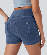 Halara Flex™ High Waisted Crossover Pocket Denim Casual Shorts 3" - Washed Denim Bleached Blue
