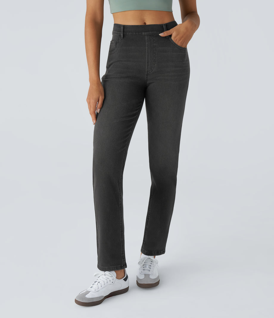 Halara Flex™ High Waisted Pockets Straight Leg Washed Casual Jeans - Deep Ink Black Denim