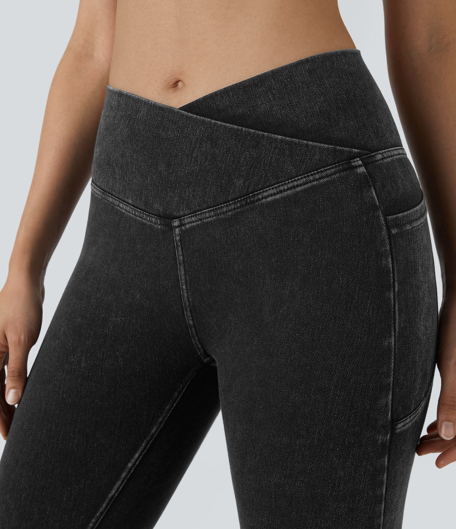 Halara Flex™ Crossover Pocket Washed Denim Work Leggings - Hemp Rope Black Denim
