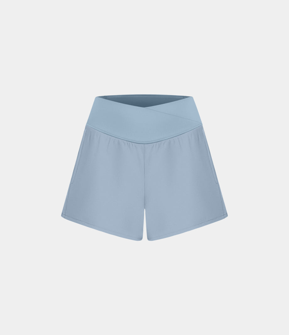Breezeful™ High Waisted Crossover Pocket 2-in-1 Quick Dry Yoga Shorts 4" - Ballad Blue