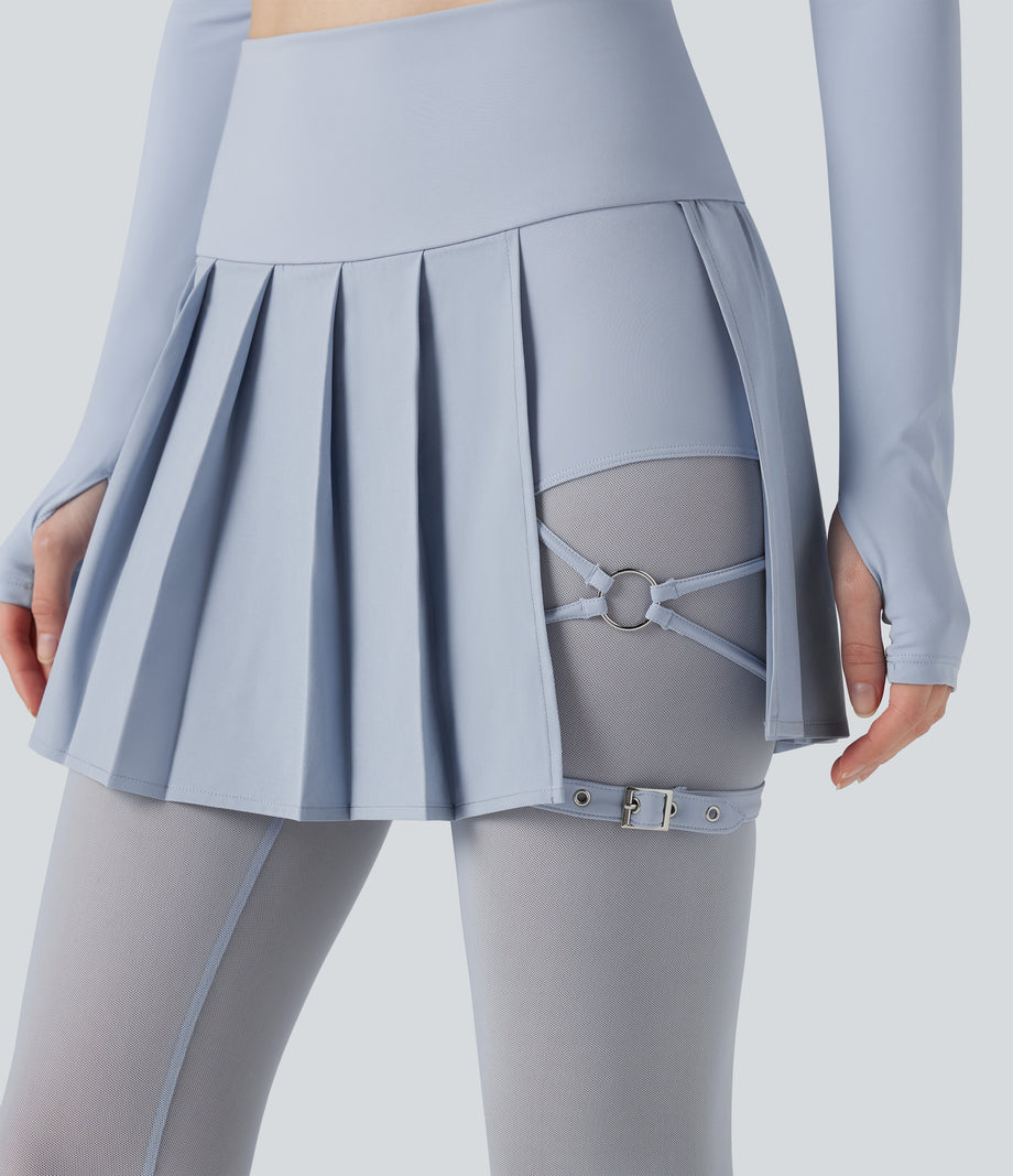 Breezeful™ High Waisted Pleated 2-in-1 Contrast Mesh Quick Dry Dance Stirrup Skirted Leggings with Pockets - Ballad Blue