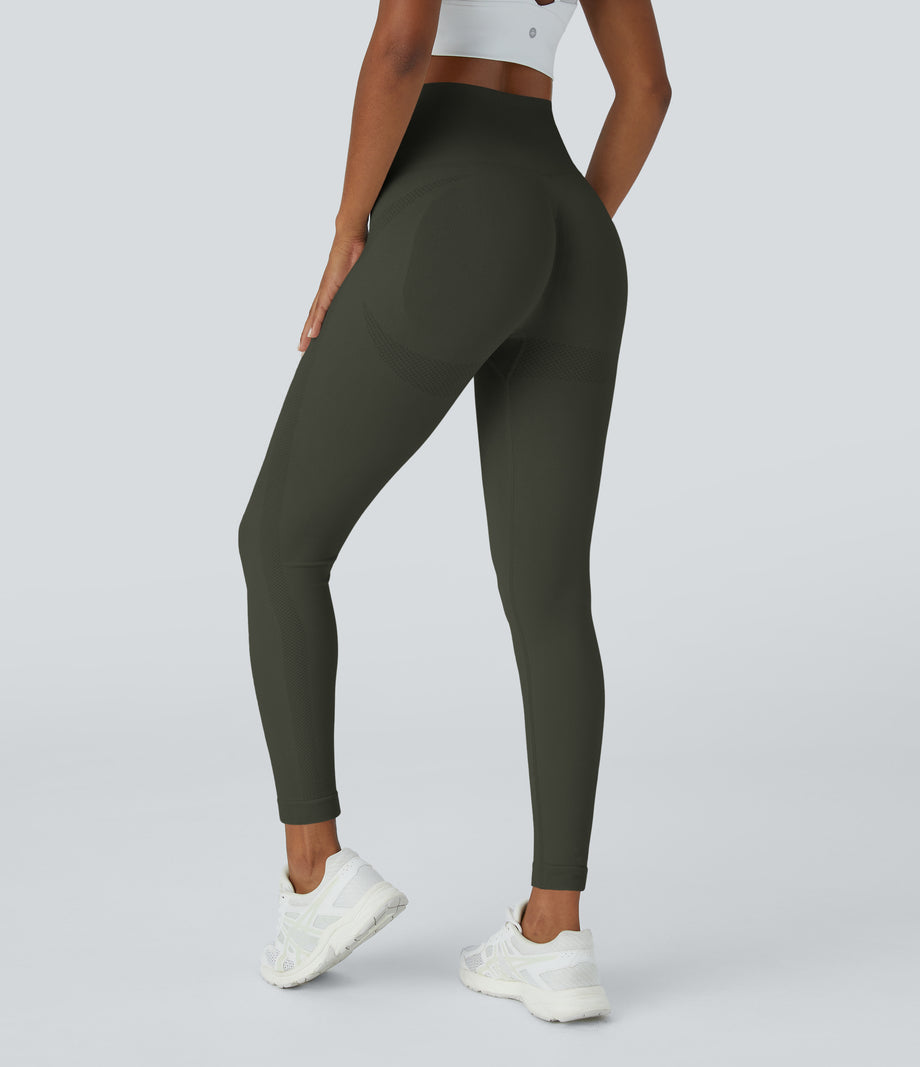 OneForm Seamless Flow High Waisted Ruched 7/8 Yoga Leggings - Forest Night